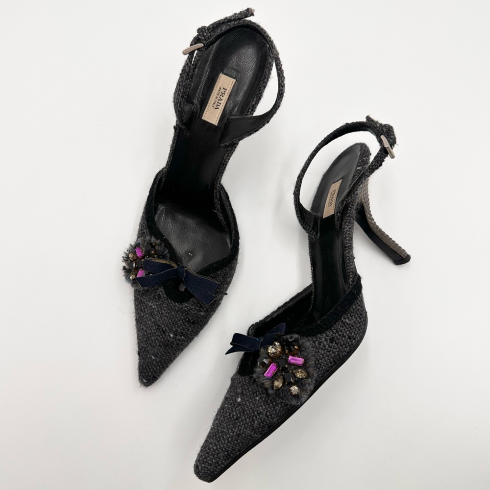 Prada Tweed Crystal Embellished Slingback Pointed Toe Pumps Sandals